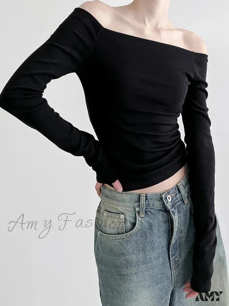 AMY - Elegant Slim Sexy Cropped Black Long Sleeve Korean Fall Crop Top