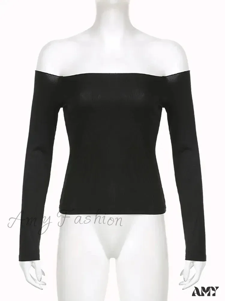 AMY - Elegant Slim Sexy Cropped Black Long Sleeve Korean Fall Crop Top