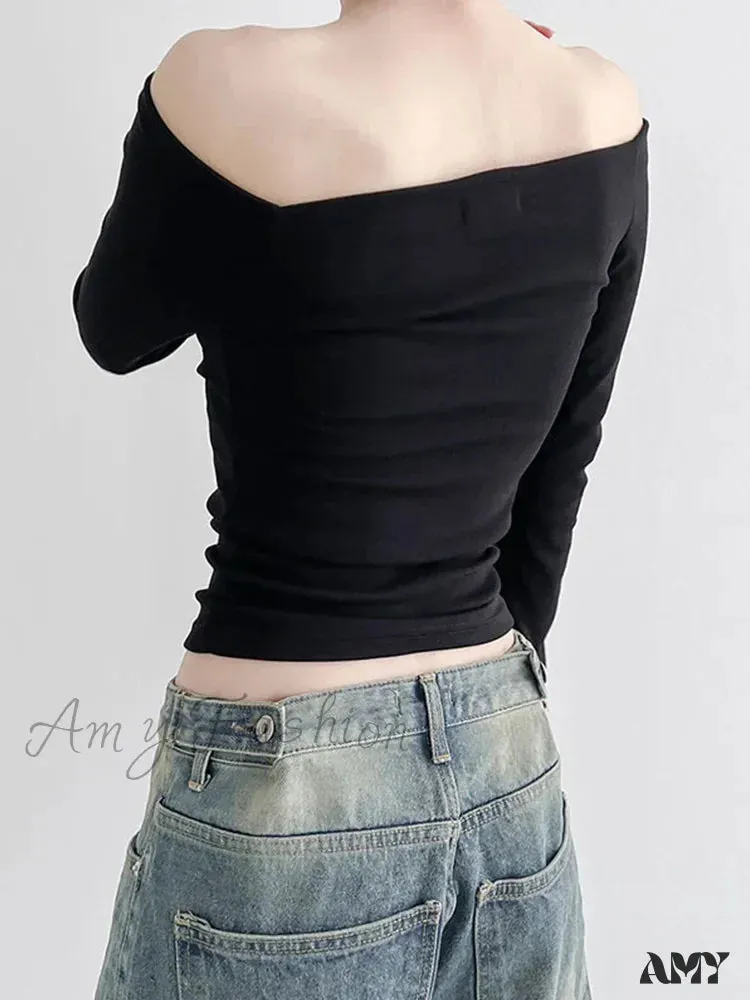 AMY - Elegant Slim Sexy Cropped Black Long Sleeve Korean Fall Crop Top