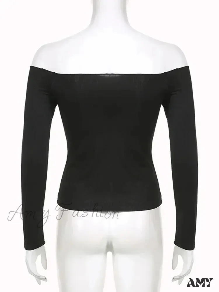 AMY - Elegant Slim Sexy Cropped Black Long Sleeve Korean Fall Crop Top