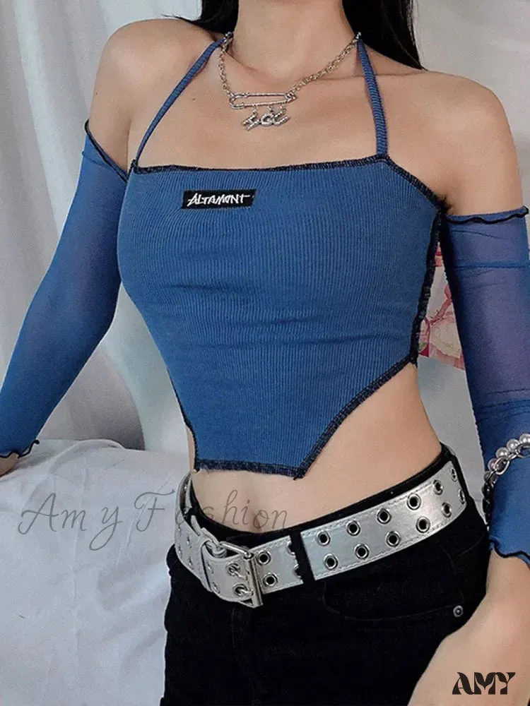 AMY - Sweet Sling Ribbing Knit Patchwork Long Sleeve Tee Crop Top