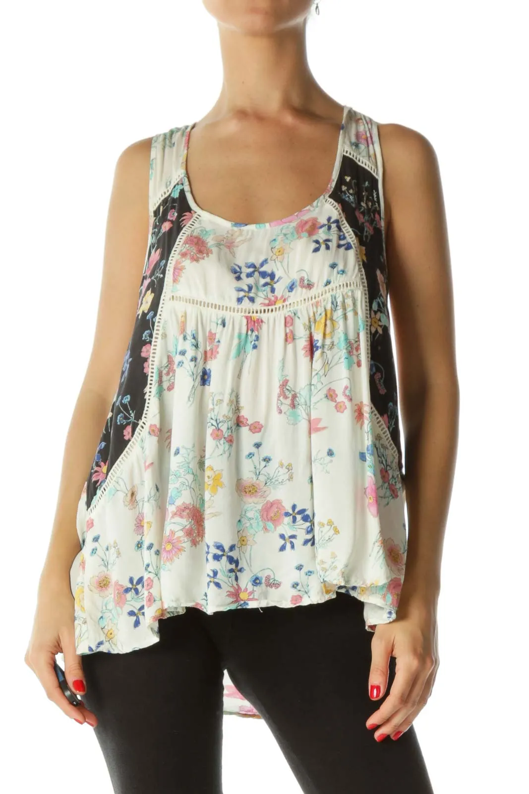 Beige Multicolor  Crocheted Floral Tank Top