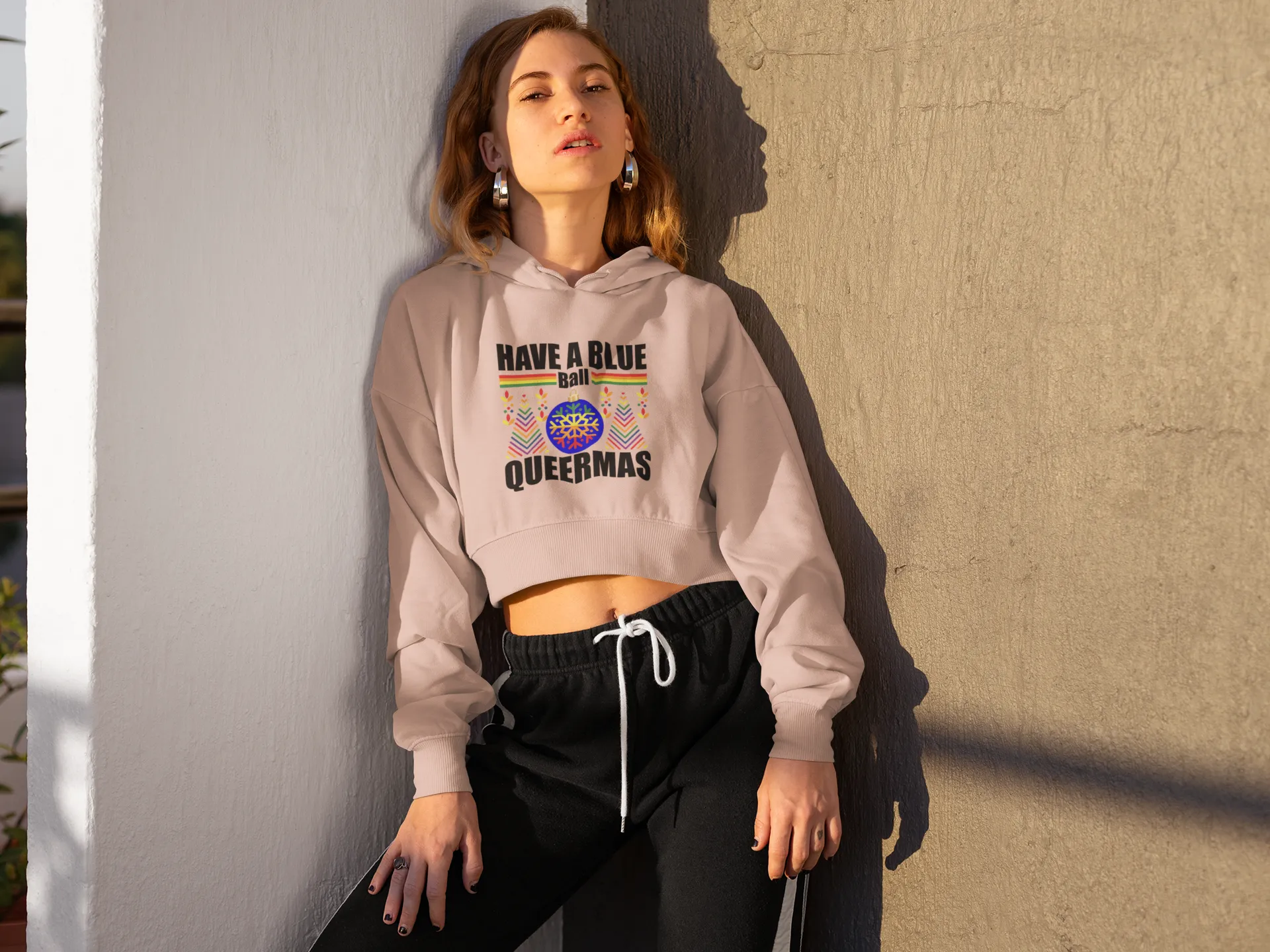 Christmas LGBTQ Women’s Cropped Hooded Sweatshirt - Have A Blue Ball Queermas