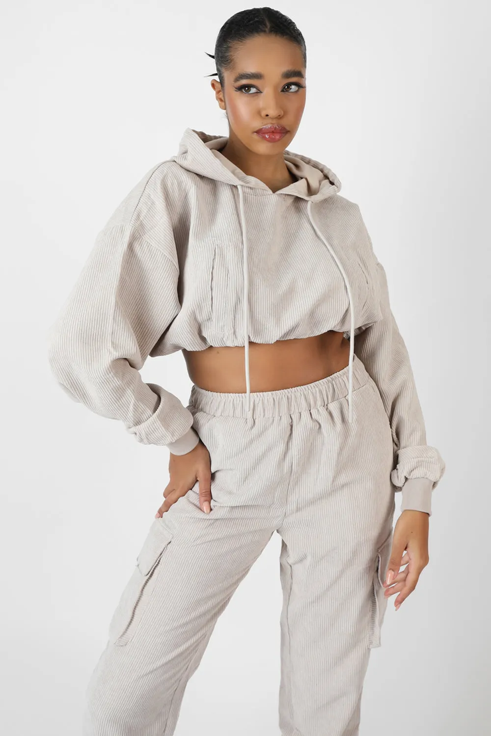 Cord Cropped Hoodie Ecru