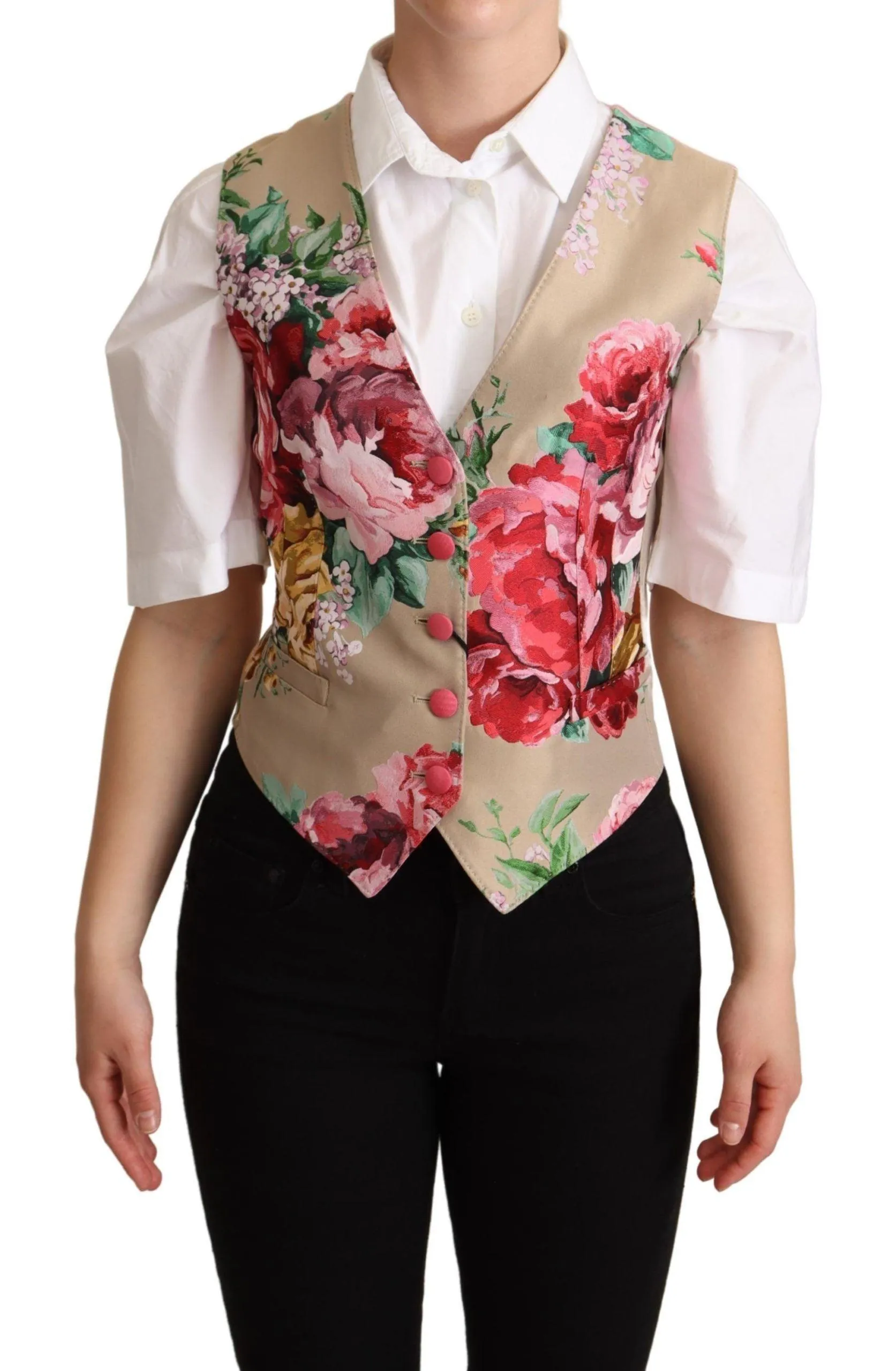 Dolce & Gabbana Beige Jacquard Floral Print Waistcoat Vest