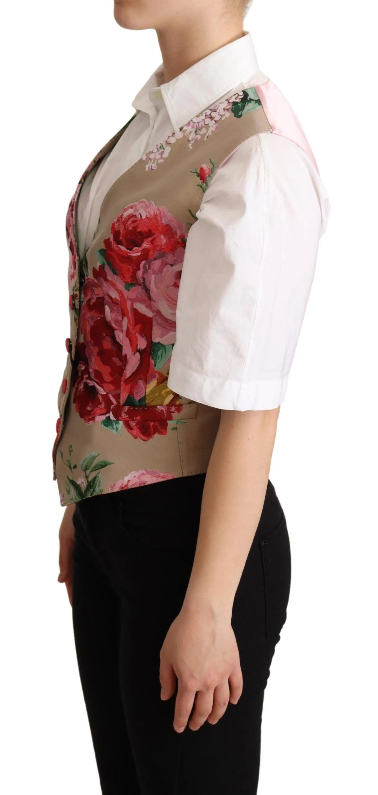 Dolce & Gabbana Beige Jacquard Floral Print Waistcoat Vest