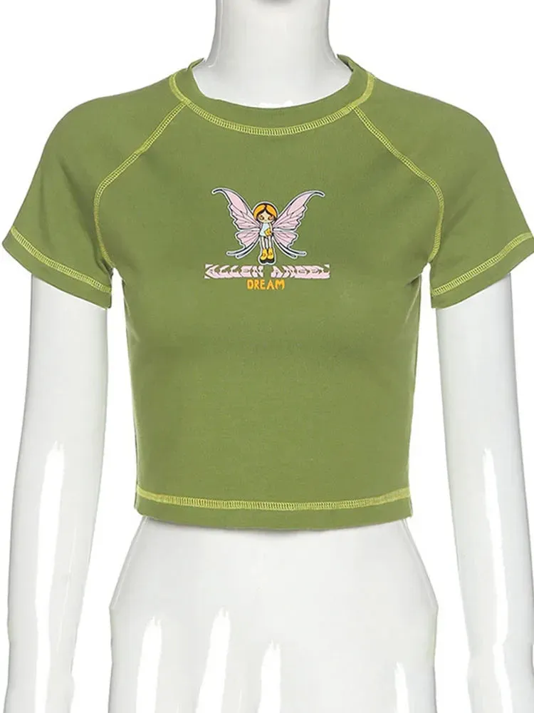 Green Crop Top with Butterfly Graphic