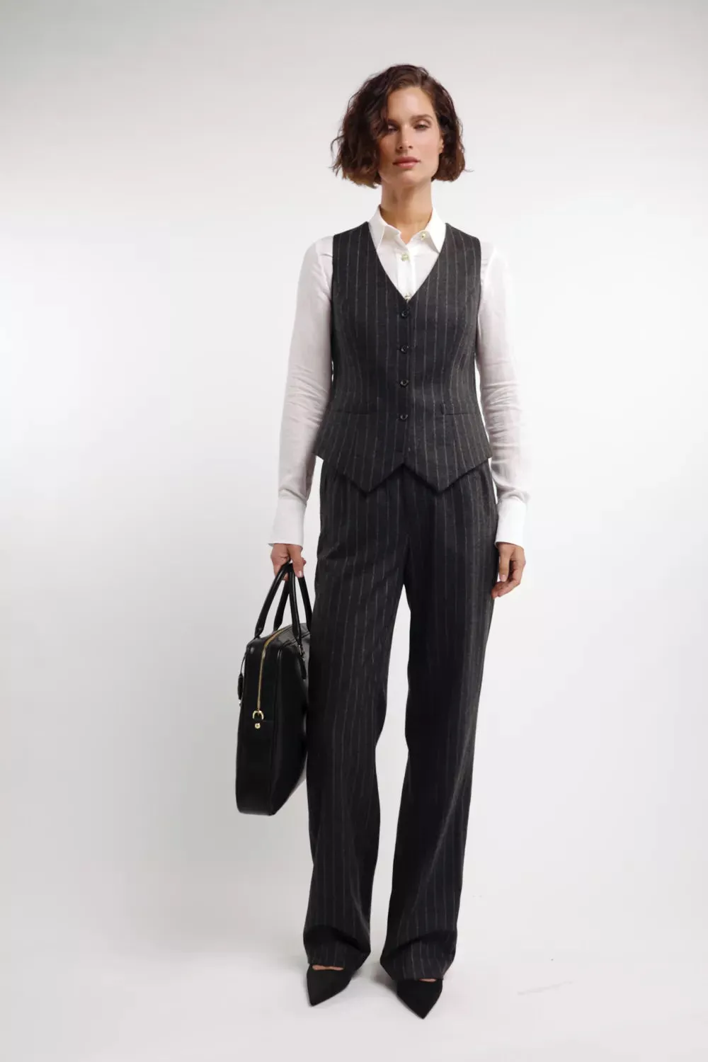 High Waisted Straight Trouser (Charcoal Pinstripe)