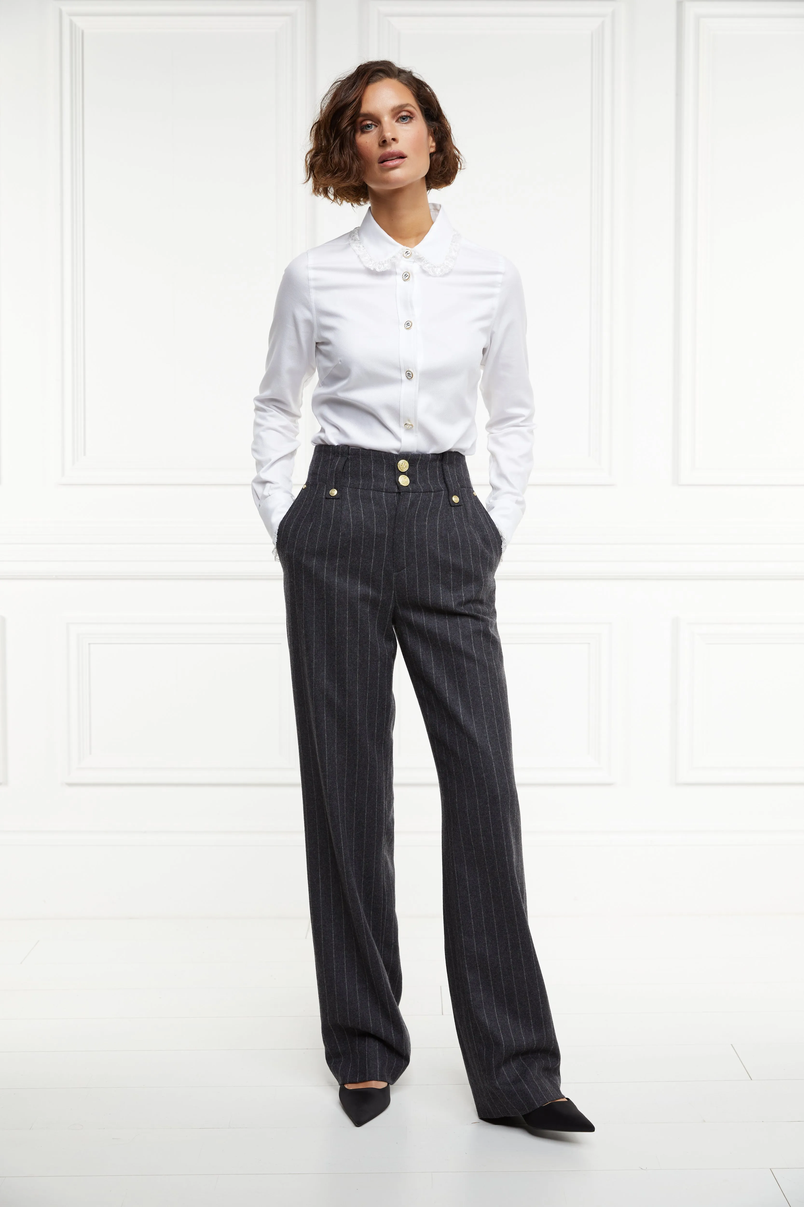 High Waisted Straight Trouser (Charcoal Pinstripe)