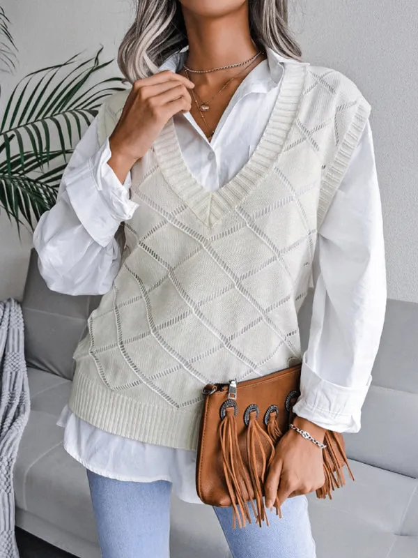 Knitted Sweater - Diamond Openwork Ribbed Vest