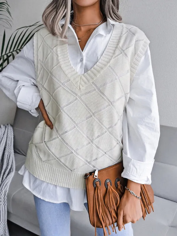 Knitted Sweater - Diamond Openwork Ribbed Vest