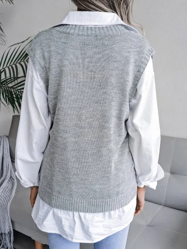 Knitted Sweater - Diamond Openwork Ribbed Vest