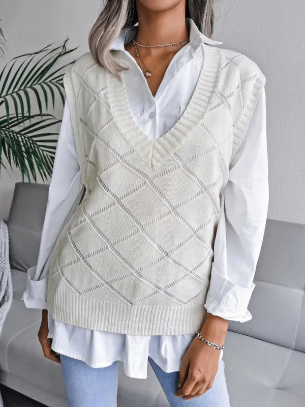 Knitted Sweater - Diamond Openwork Ribbed Vest