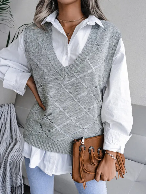 Knitted Sweater - Diamond Openwork Ribbed Vest