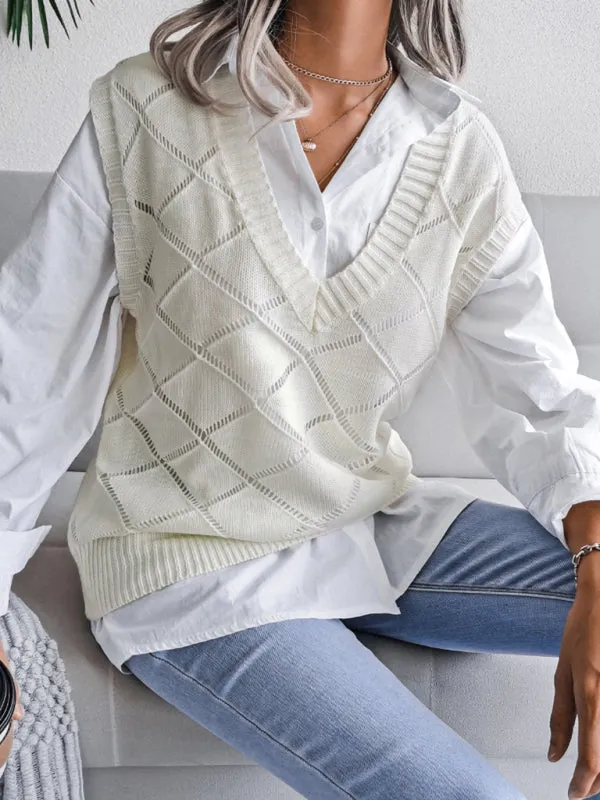 Knitted Sweater - Diamond Openwork Ribbed Vest