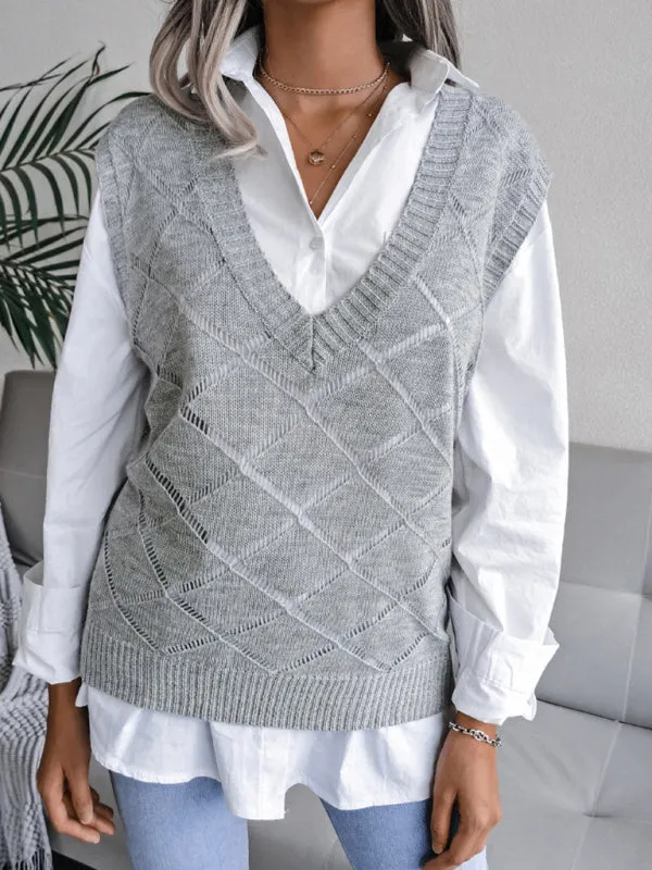 Knitted Sweater - Diamond Openwork Ribbed Vest