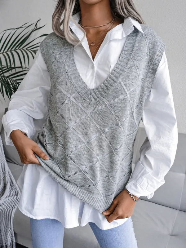 Knitted Sweater - Diamond Openwork Ribbed Vest