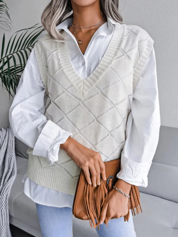 Knitted Sweater - Diamond Openwork Ribbed Vest