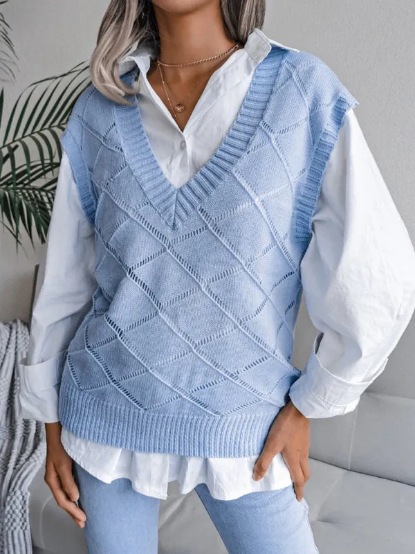 Knitted Sweater - Diamond Openwork Ribbed Vest