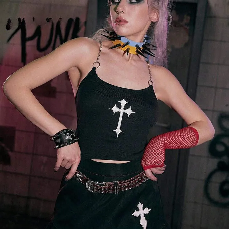 Mysterious Sexy Chain Black Cross Print Black Crop