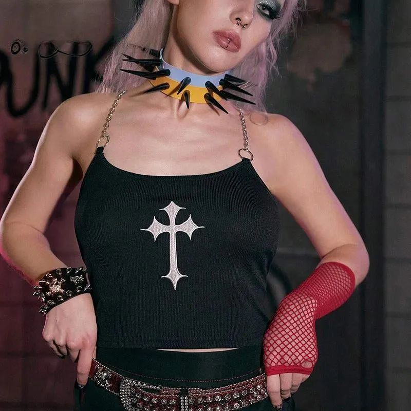 Mysterious Sexy Chain Black Cross Print Black Crop