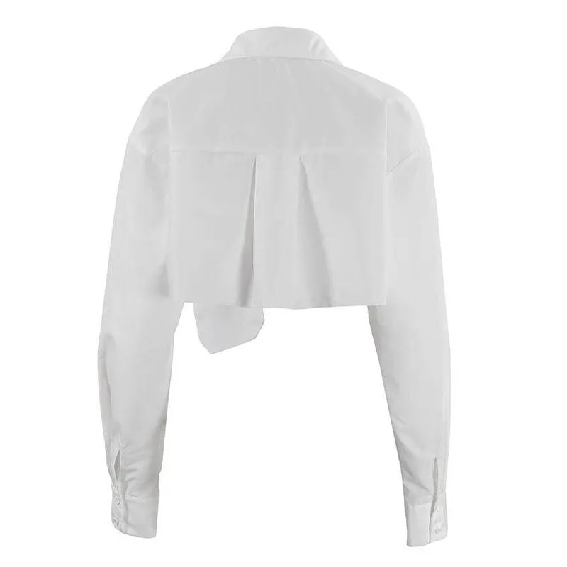 Oversized Long Sleeve Button Down Pointed Collar Cropped Shirt - White