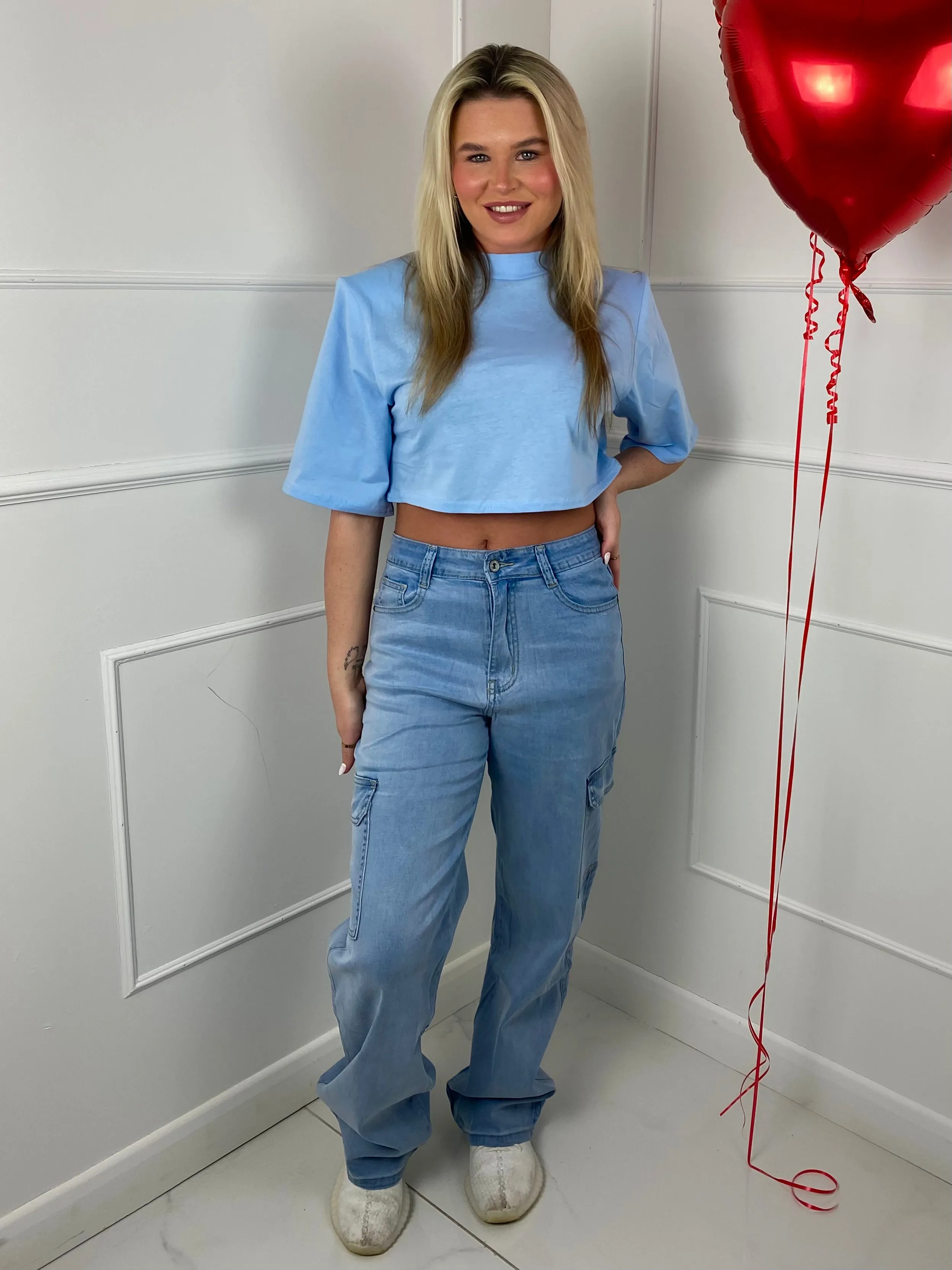 Padded Shoulder Cropped Tee - Baby Blue