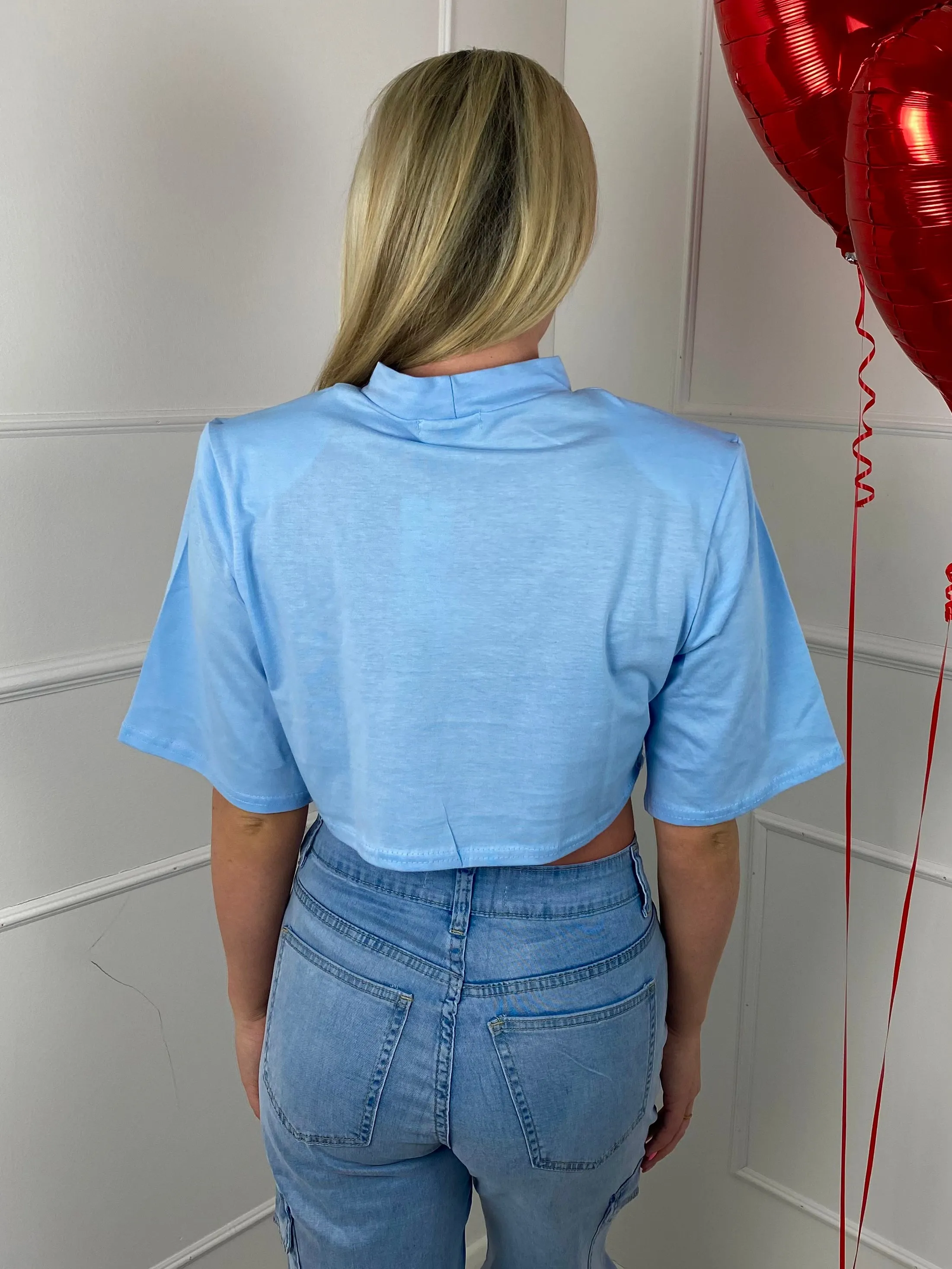 Padded Shoulder Cropped Tee - Baby Blue