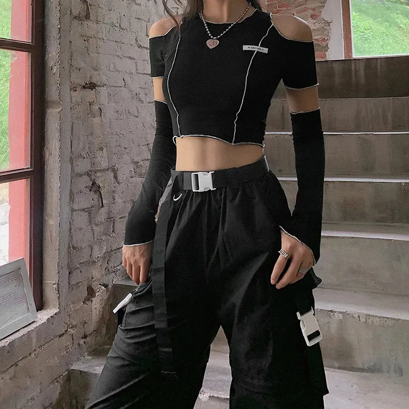 Patchwork Black T-shirts One Shoulder Crop Top