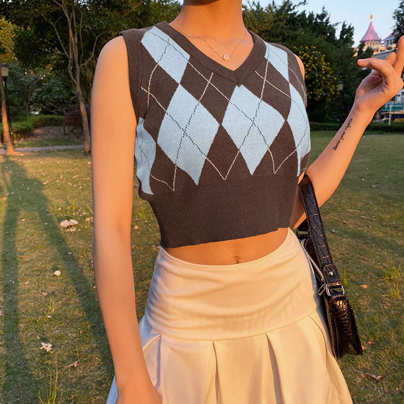 Preppy V Neck Argyle Jacquard Knit Cropped Sweater Vest