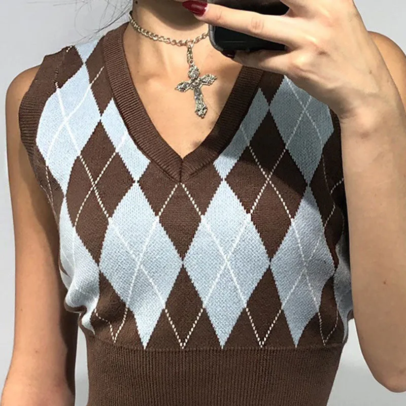 Preppy V Neck Argyle Jacquard Knit Cropped Sweater Vest