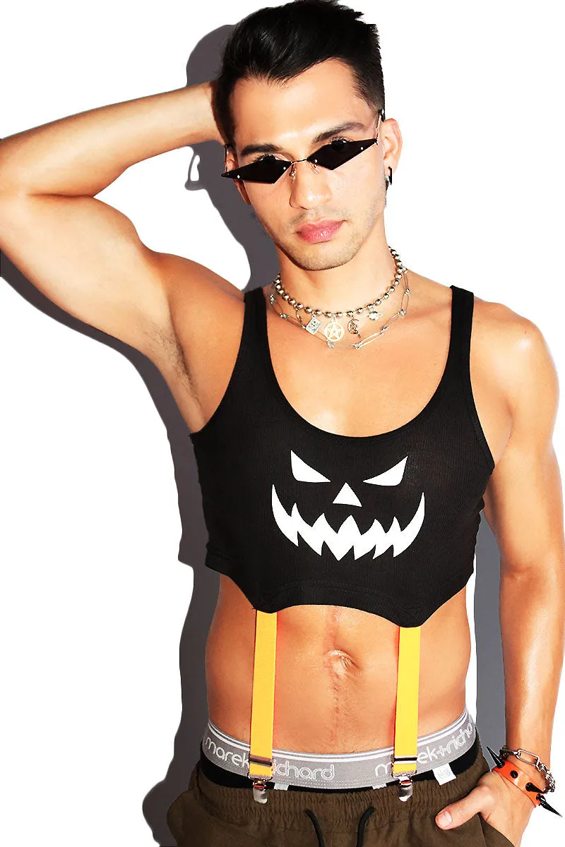 Pumpkin Garter Rib Knit Crop Racerback Tank- Black