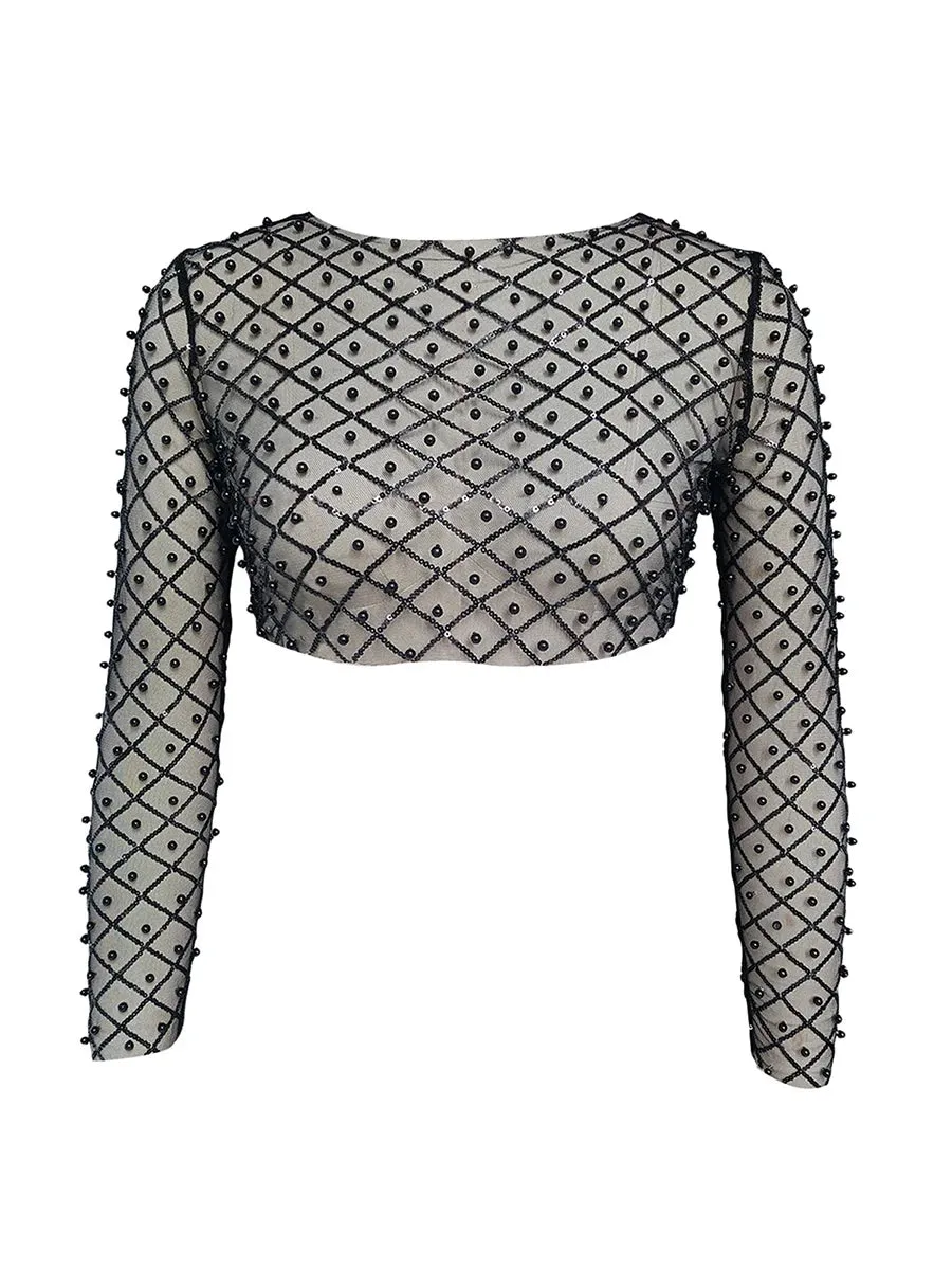 Rhinestone Beaded Y2k Slim Long Sleeve Stylish Elegant Trendy Chic Classic Mesh Crop Top