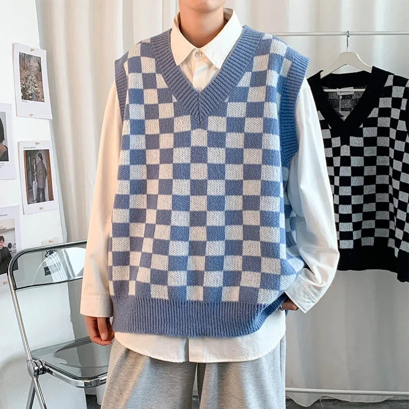 Riolio Men Knitted V Neck Japanese Vintage Loose Sleeveless Plaid Vests Chic Pullovers Chaleco Hombre Blue Checkerboard Sweater Vest