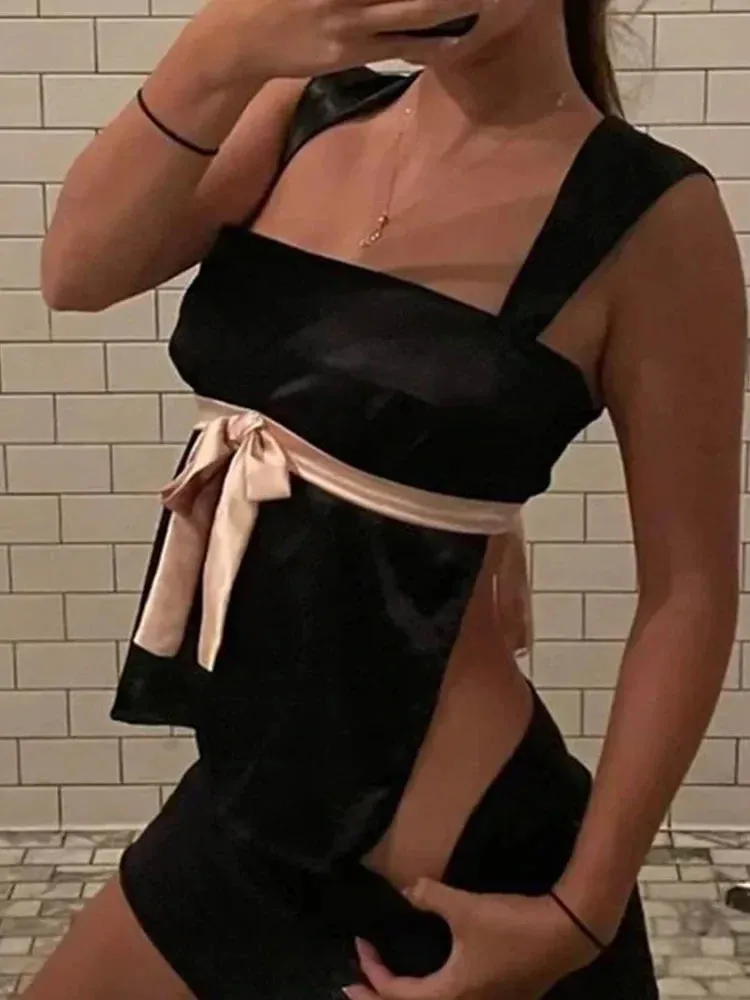 Sexy Hollow Out Satin Backless Crop Top