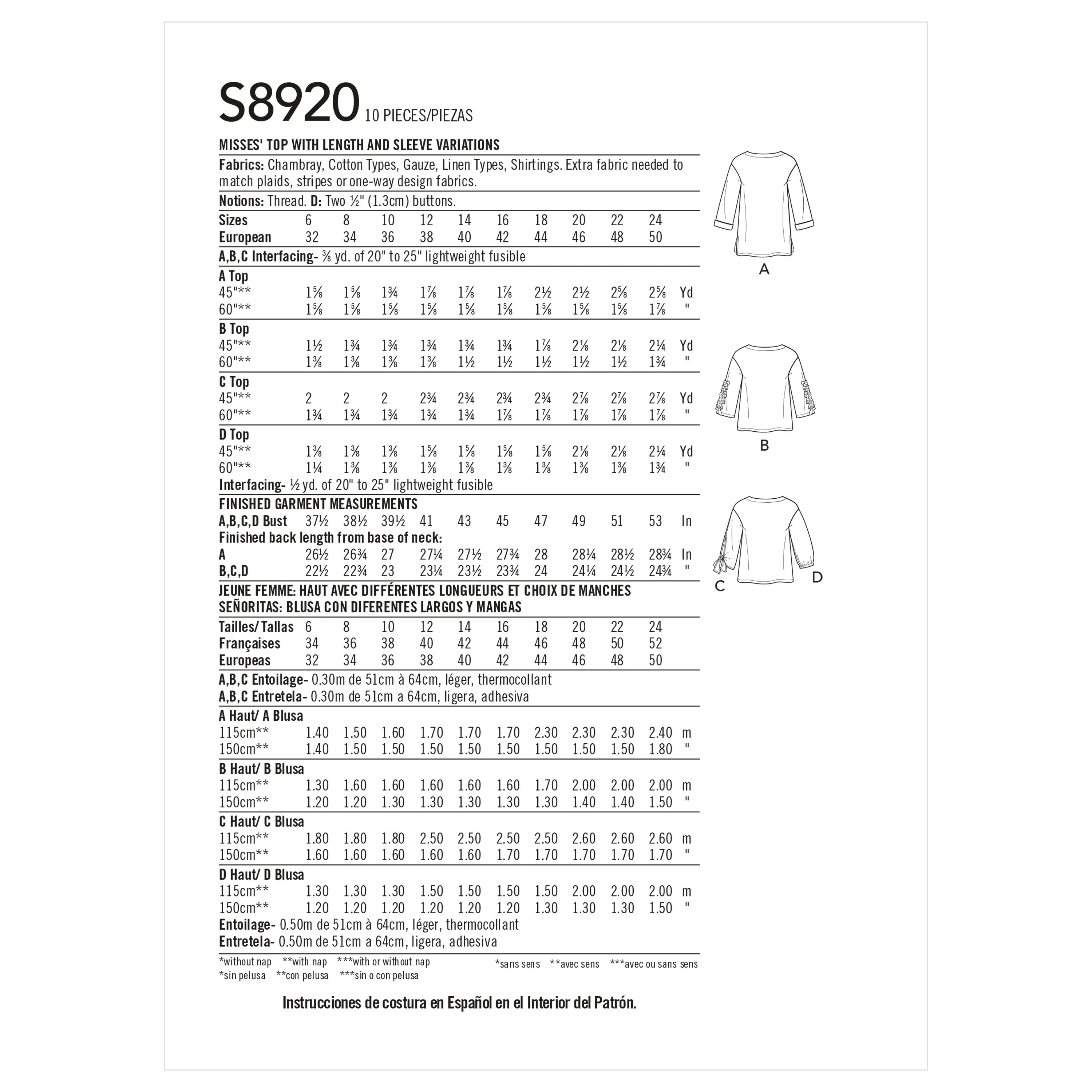 Simplicity Pattern 8920 Misses' Tops