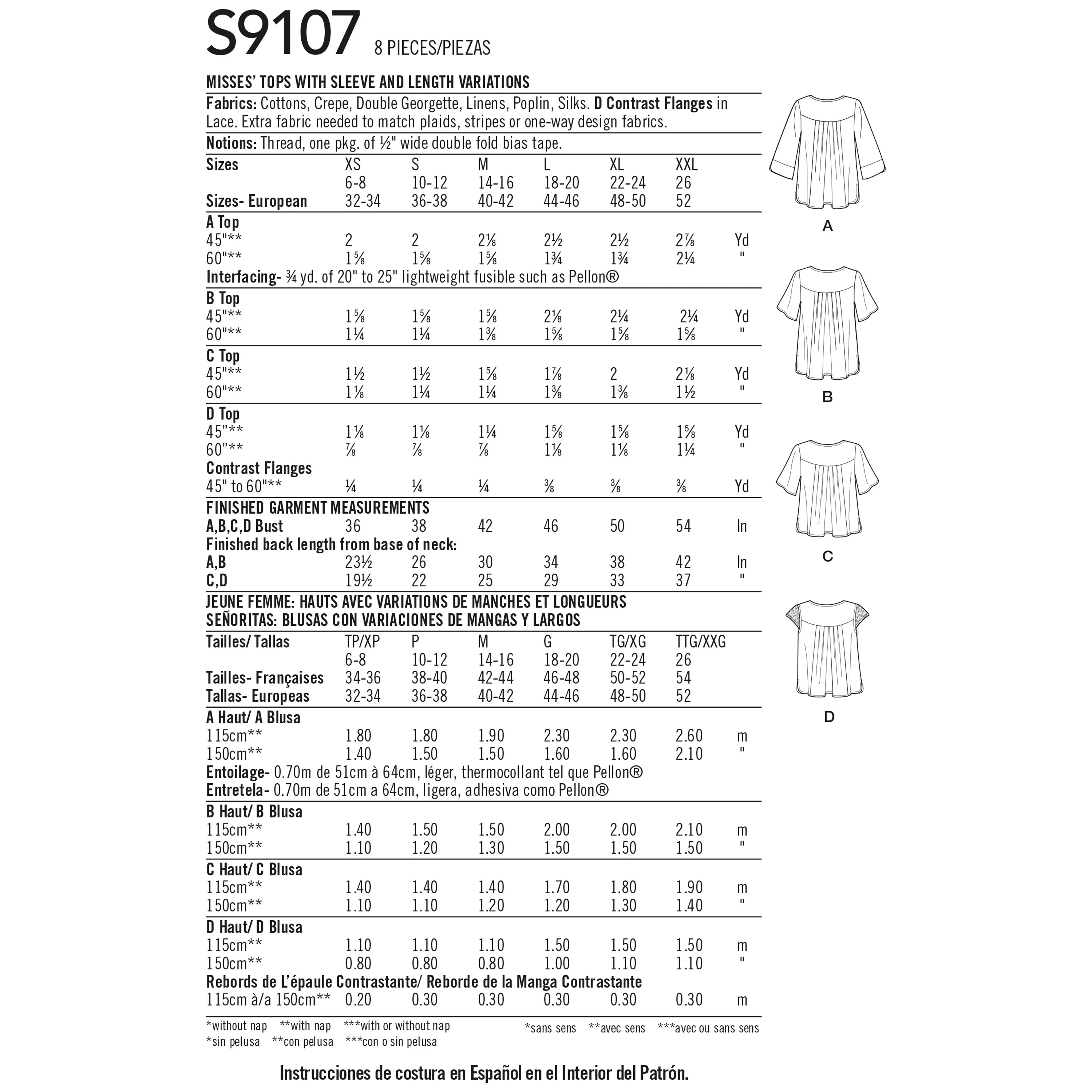 Simplicity Pattern 9107 Misses' Tops With Sleeve & Length Variation