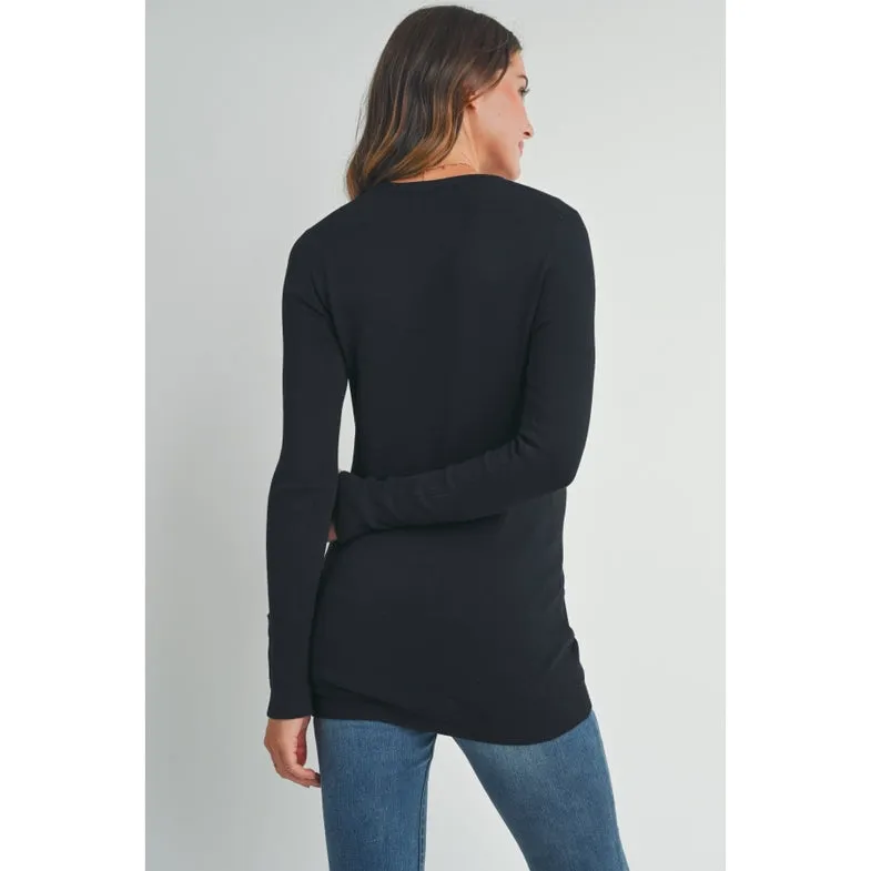 Solid Maternity Sweater Top with Sleeve Button - Black