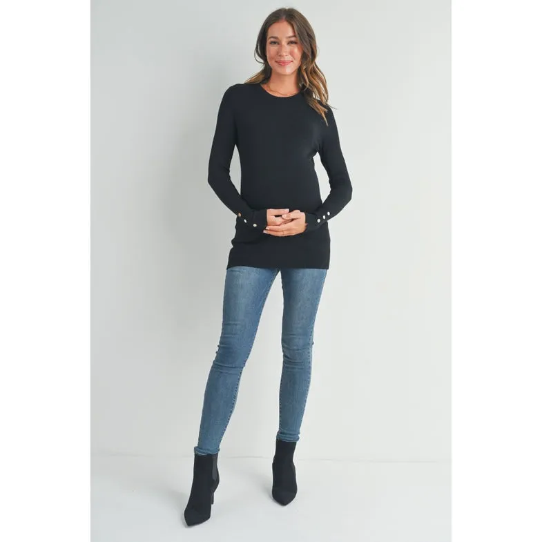 Solid Maternity Sweater Top with Sleeve Button - Black