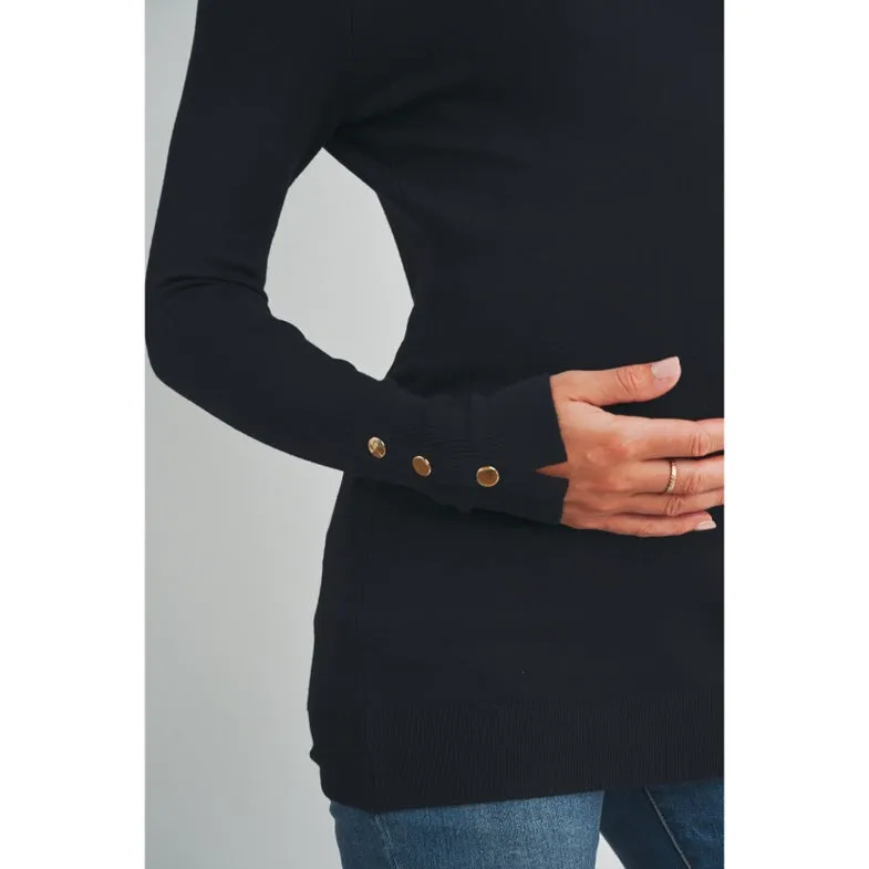 Solid Maternity Sweater Top with Sleeve Button - Black