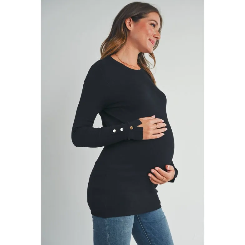 Solid Maternity Sweater Top with Sleeve Button - Black