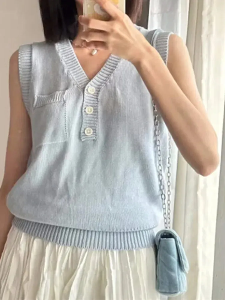 TAVIMART  -  Casual Women Blue Front Buttons Knit Tank Tops Fall Fashion Solid Color V Neck Sleeveless Vests Female Chic Tops