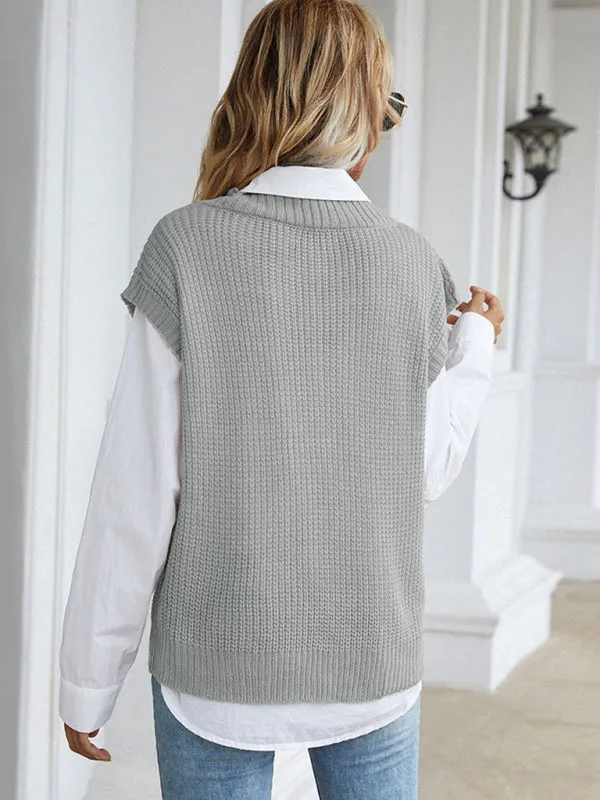 Winter Office Solid-Knitted Waffle Vest V-Neck Sweater