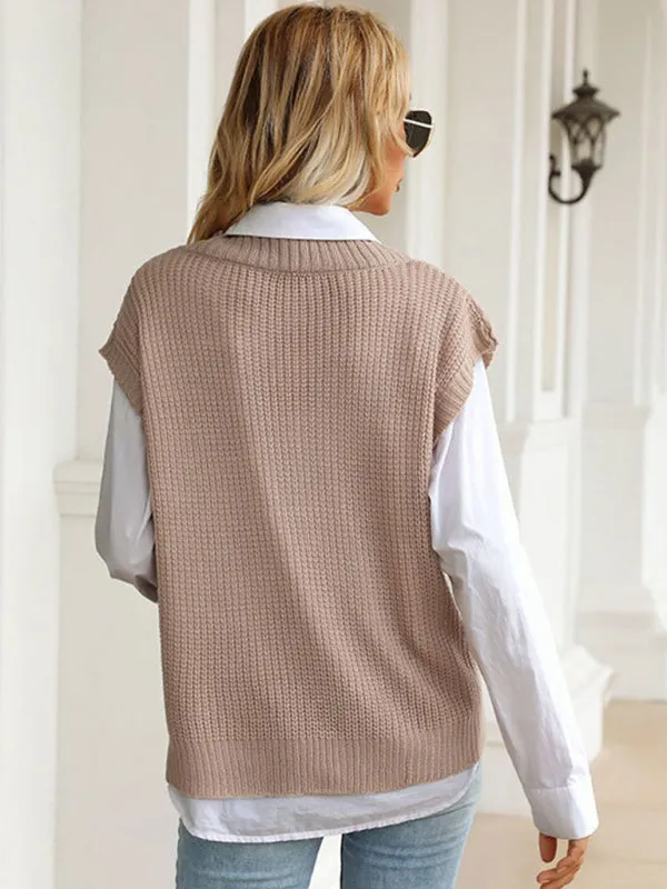 Winter Office Solid-Knitted Waffle Vest V-Neck Sweater