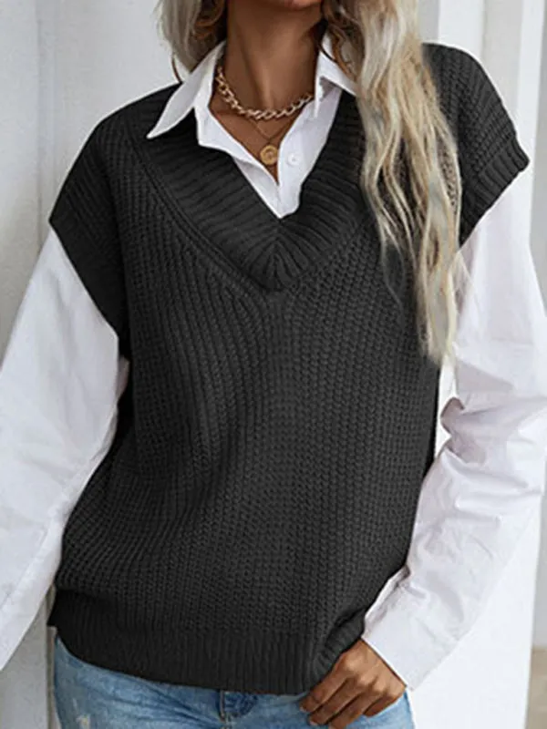 Winter Office Solid-Knitted Waffle Vest V-Neck Sweater