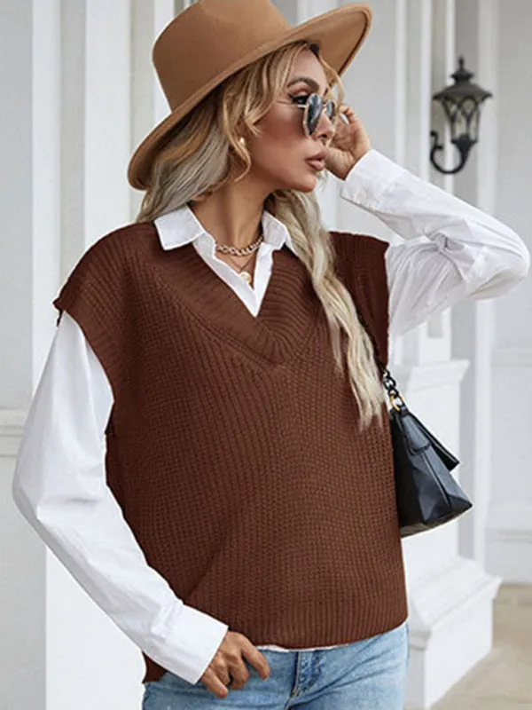 Winter Office Solid-Knitted Waffle Vest V-Neck Sweater