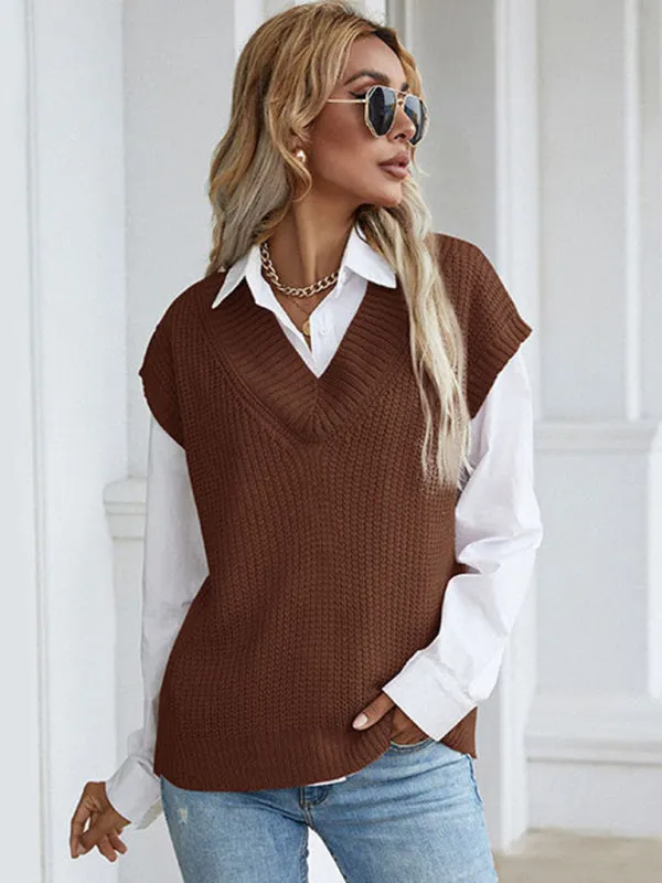 Winter Office Solid-Knitted Waffle Vest V-Neck Sweater