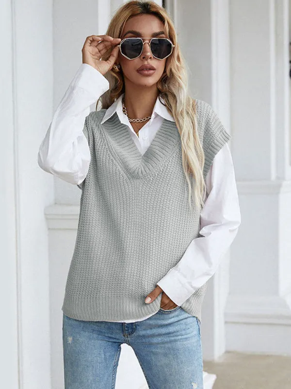 Winter Office Solid-Knitted Waffle Vest V-Neck Sweater