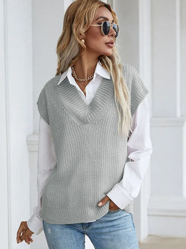 Winter Office Solid-Knitted Waffle Vest V-Neck Sweater