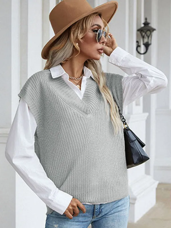 Winter Office Solid-Knitted Waffle Vest V-Neck Sweater